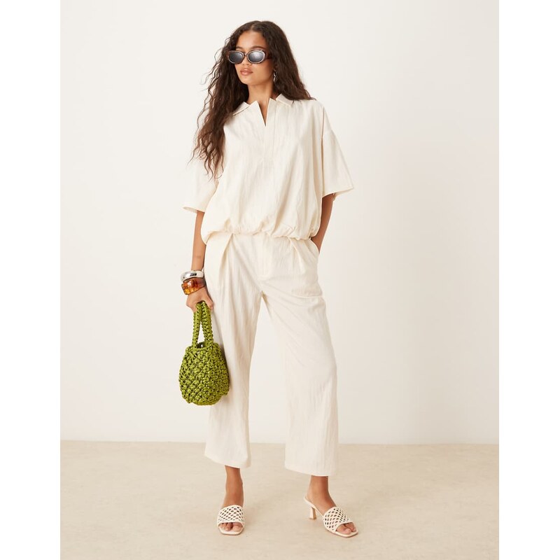 Mango crop elastic waistband trouser co-ord in light yellow 107120643