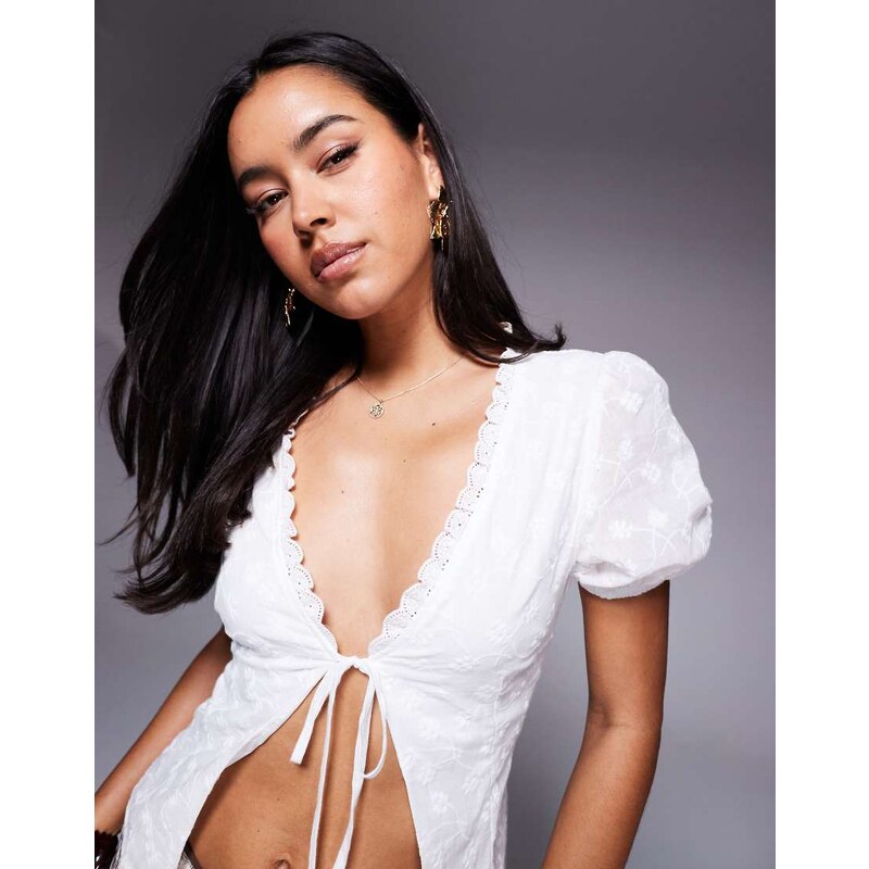 Princess Polly Sez embroidered lace trim puff sleeve tie split