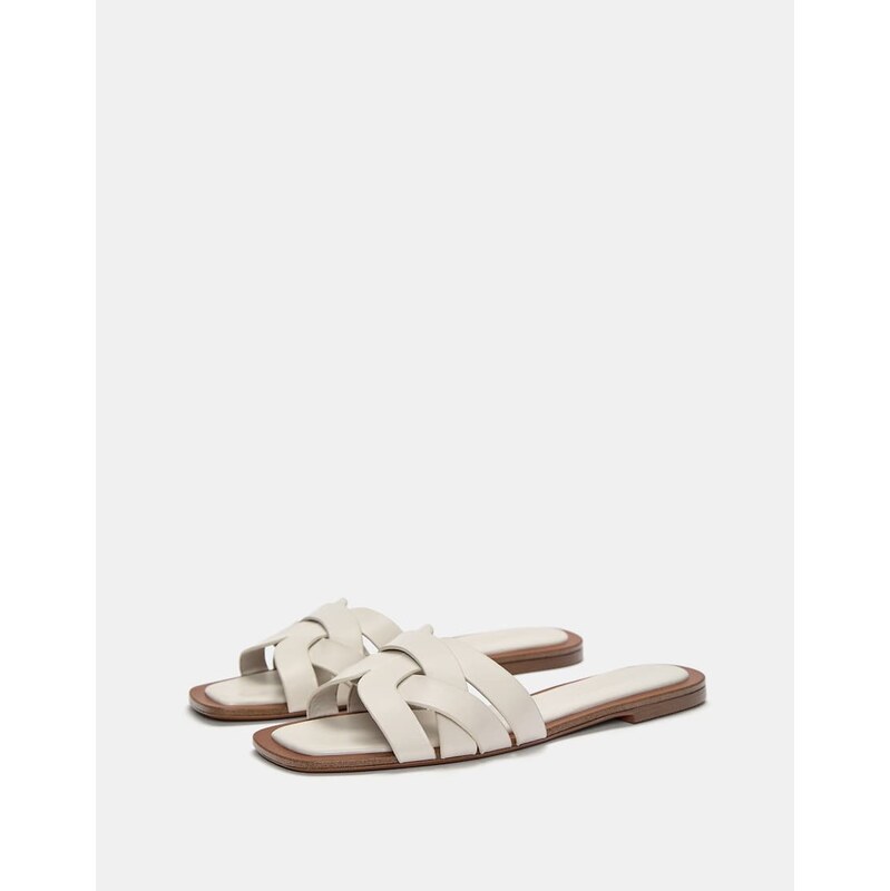 Pull&Bear flat crossover slider sandals in ecru-White