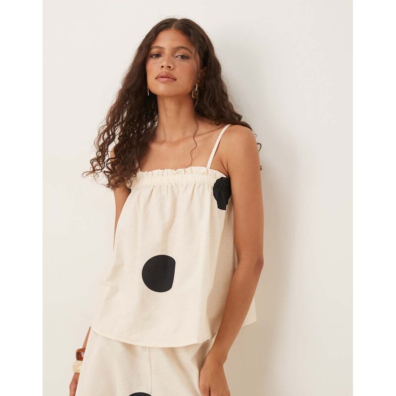 ASOS DESIGN linen blend trapeze cami top in cream polka dot co