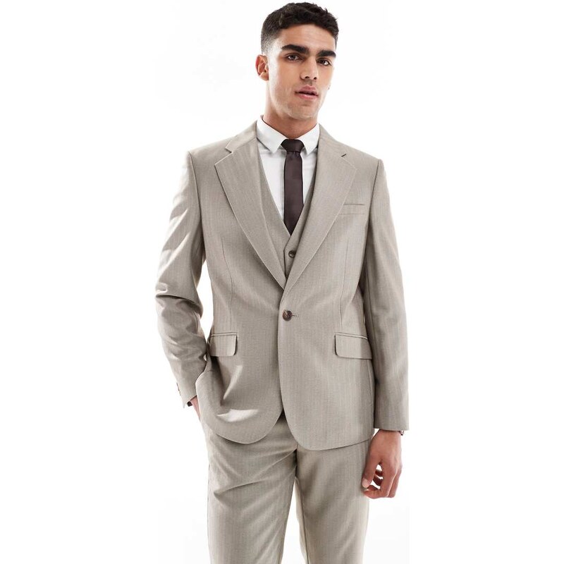 ASOS DESIGN wedding wool mix slim suit jacket in brown herringbone