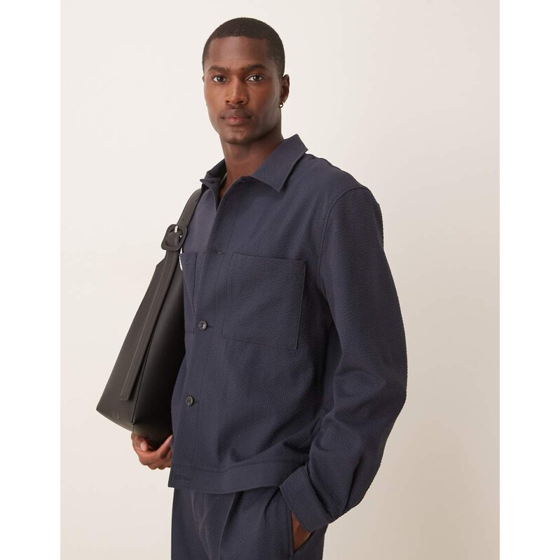 ASOS DESIGN smart co-ord harrington jacket in black seersucker