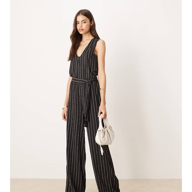 JDY Tall tie waist jumpsuit in black & white pinstripe