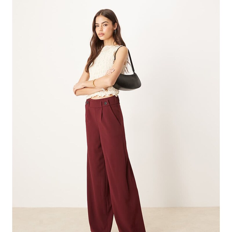 JDY Tall button detail wide leg dad trousers in burgundy-Red 109606718