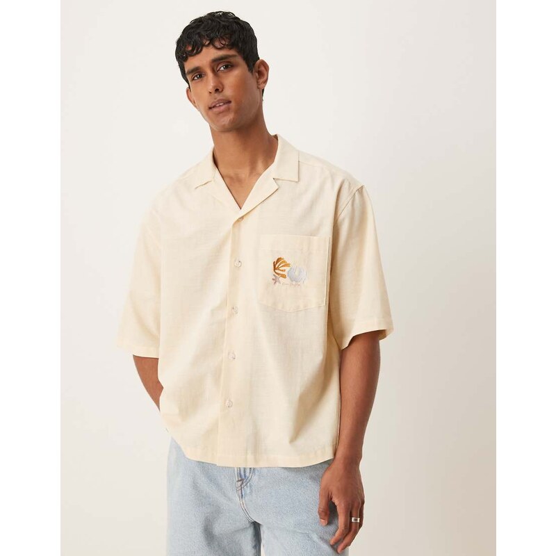 ASOS DESIGN boxy oversized revere shirt with chest embroidery in beige-Neutral