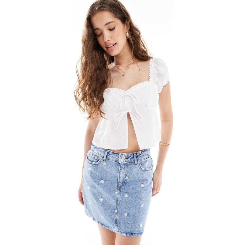 ONLY daisy embroidery denim mini skirt in light blue