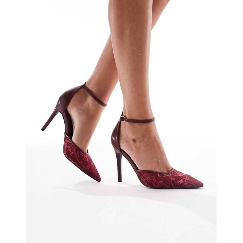 Glamorous slingback heeled shoes with lace detail in wine red 113029528