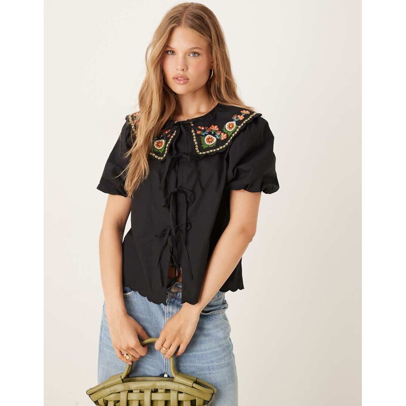 Nobodys Child Joplin puff sleeve blouse with embroidered collar in 115537497