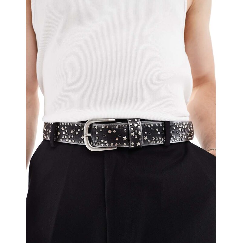 ASOS DESIGN mini stud burnished belt in grey-Black