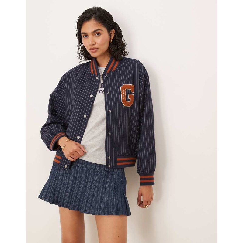 GANT pinstripe varsity bomber jacket in navy 107333983