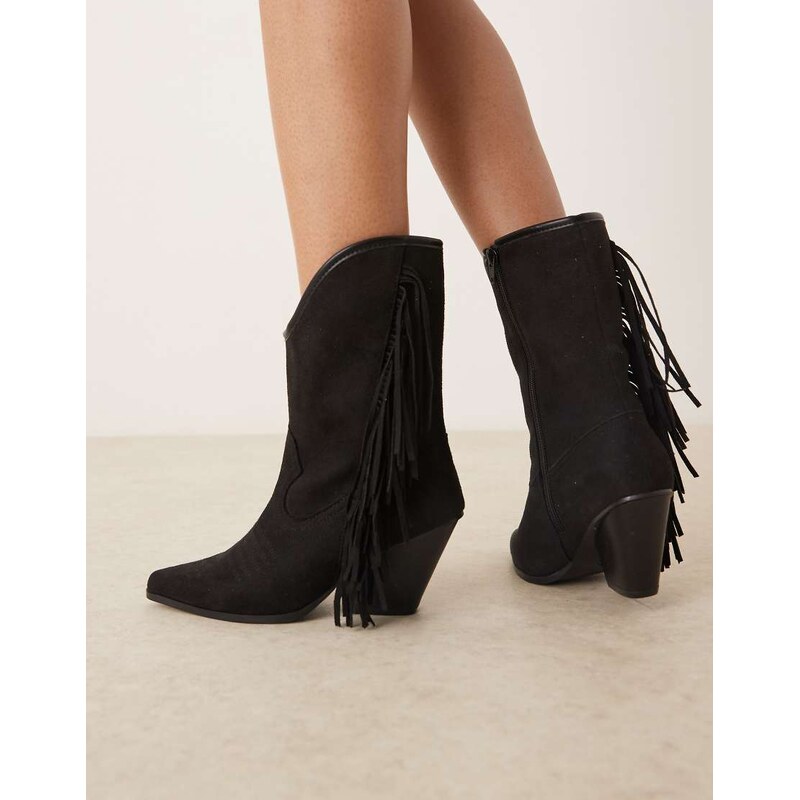 Glamorous fringe western knee boots in black