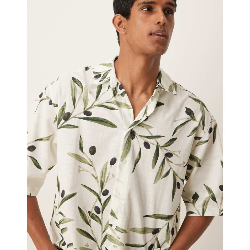 ASOS DESIGN boxy oversized shirt with leaf print in white and