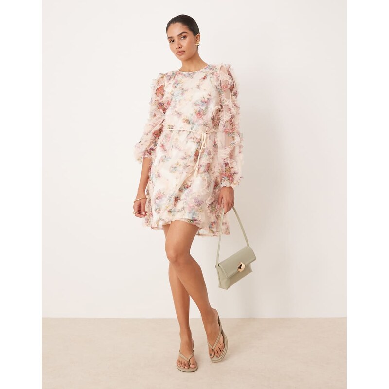 YAS long sleeve textured mini dress in blurred floral print-Multi 107140244