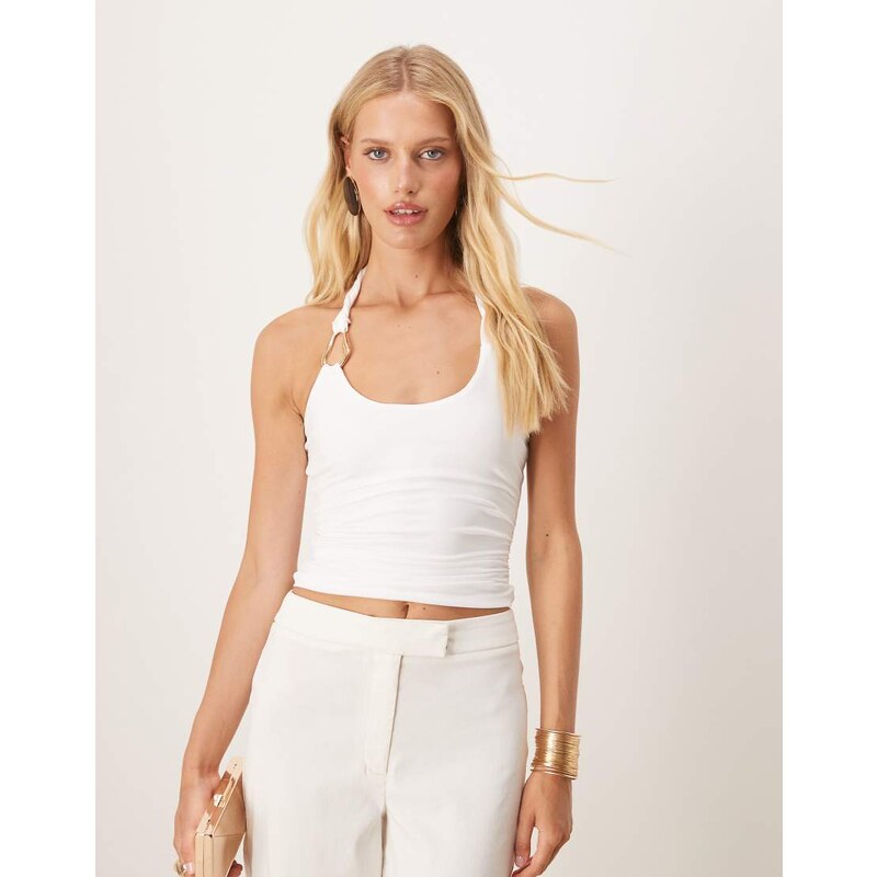 SNDYS metal hardware detail twist halterneck top in white 107140145