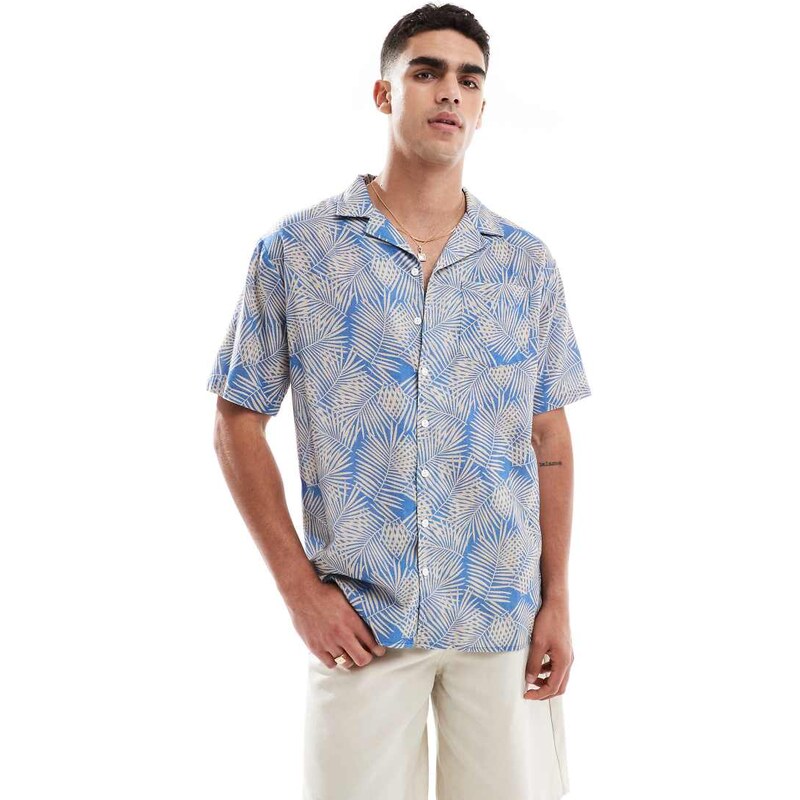 Sol Beach palm print linen beach shirt in light blue