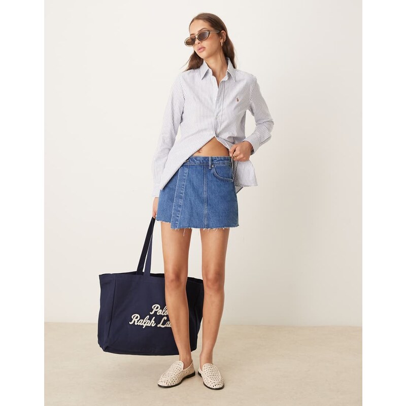 Gina Tricot wrap front mini denim skort in midwash blue