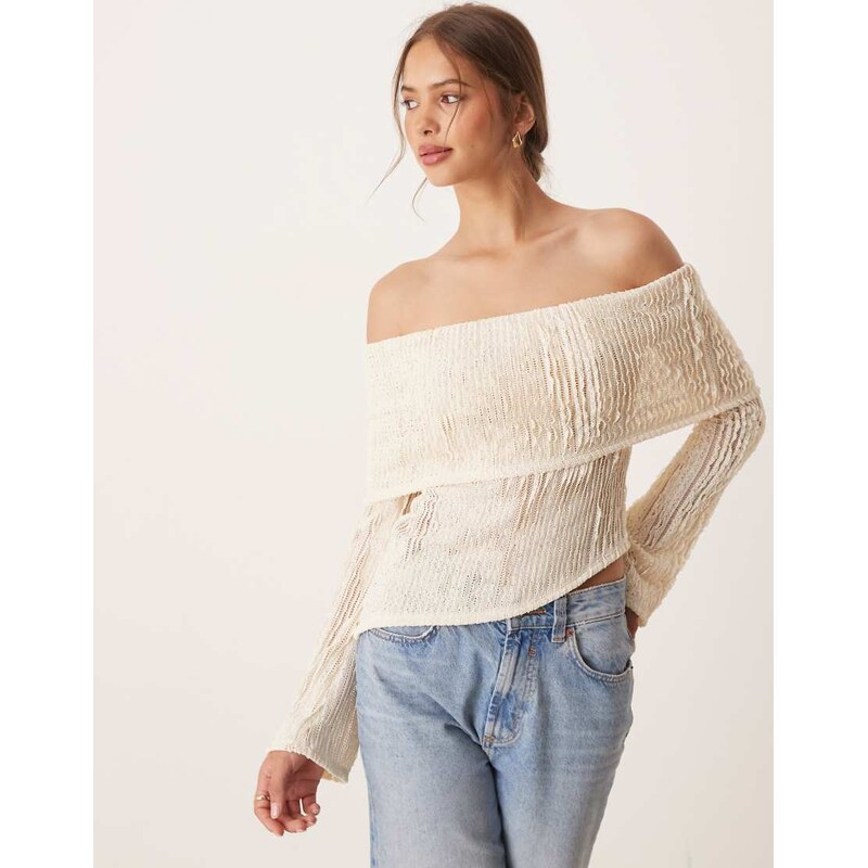 ASOS DESIGN crochet semi sheer bardot top with asymmetric hem in
