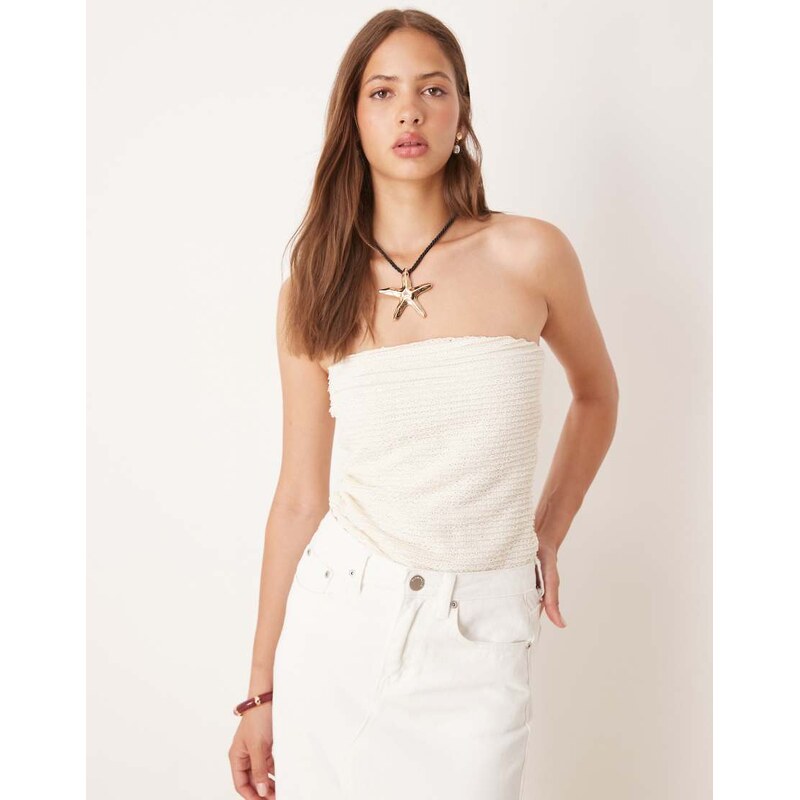ASOS DESIGN crochet semi sheer long-line bandeau top in cream-White