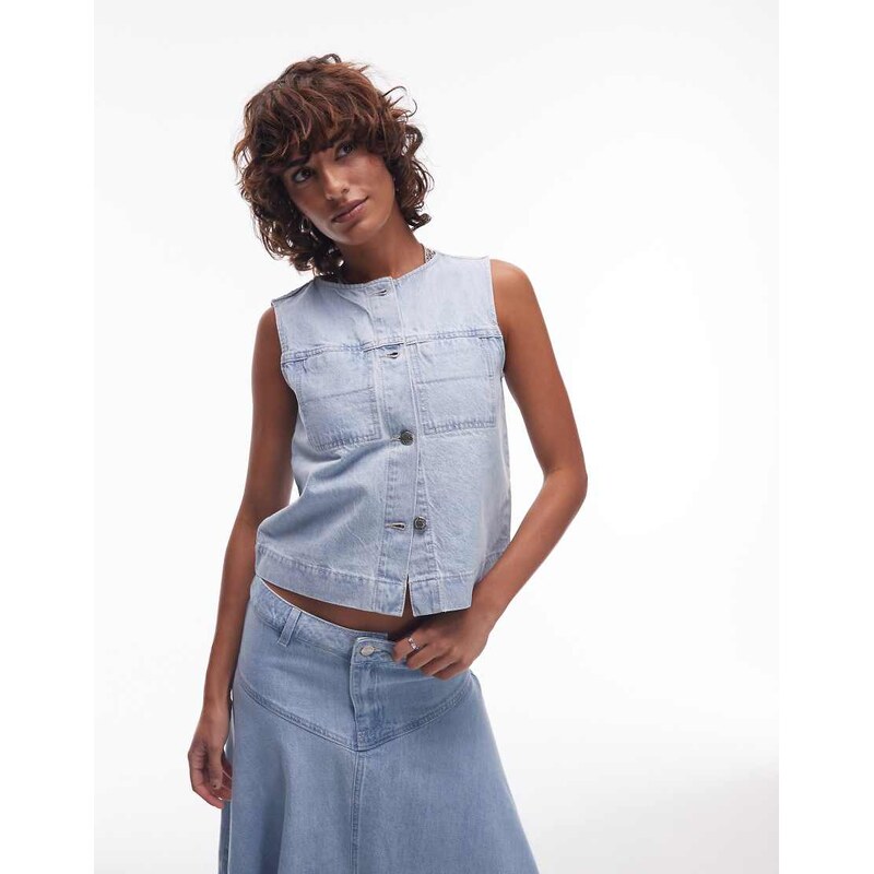 Topshop denim button through shell top in mid blue 107140248