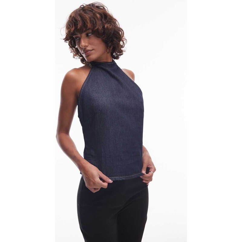 Topshop denim halter neck top in rinse wash-Blue 107140254