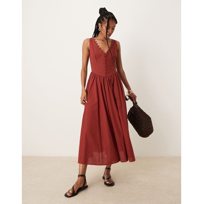 ASOS DESIGN v neck button through maxi sundress with dropped
