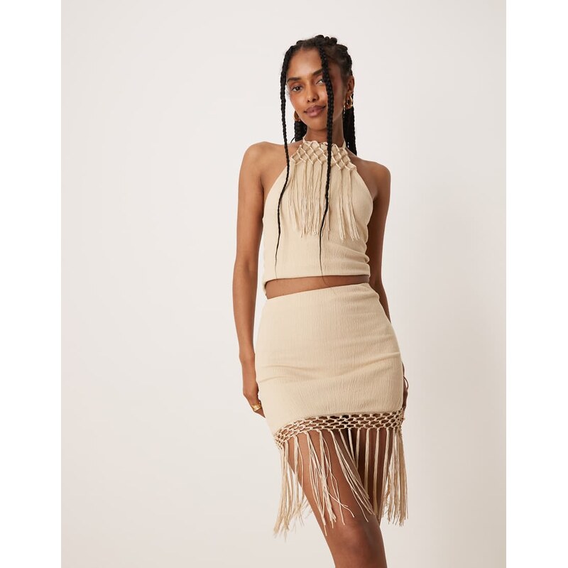 ASOS DESIGN co-ord fringed hem mini skirt in stone-Neutral