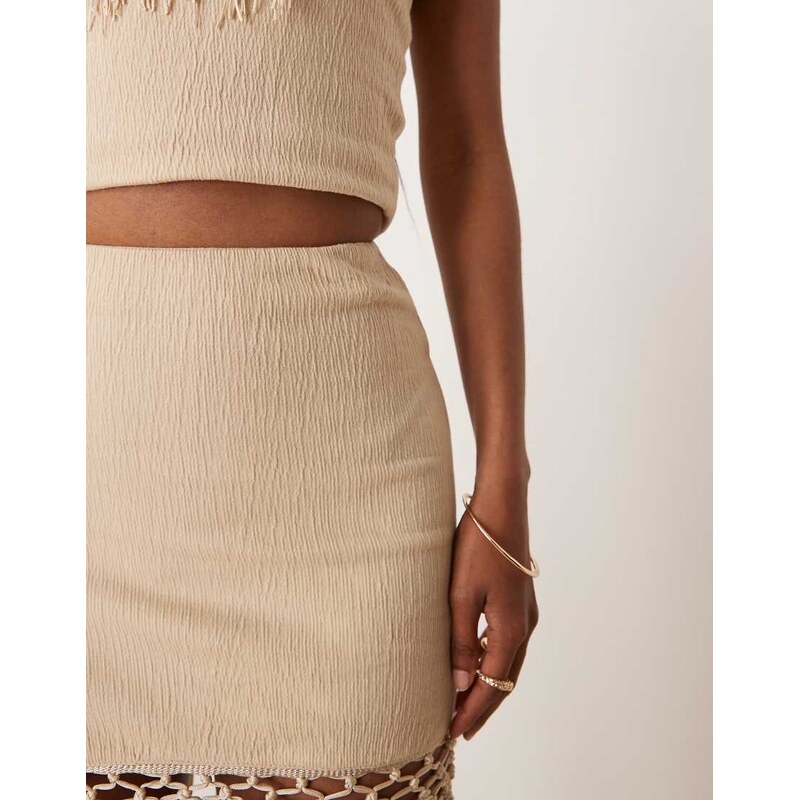 ASOS DESIGN co-ord fringed hem mini skirt in stone-Neutral