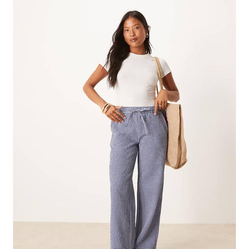 JDY Petite seersucker wide leg trousers in blue gingham