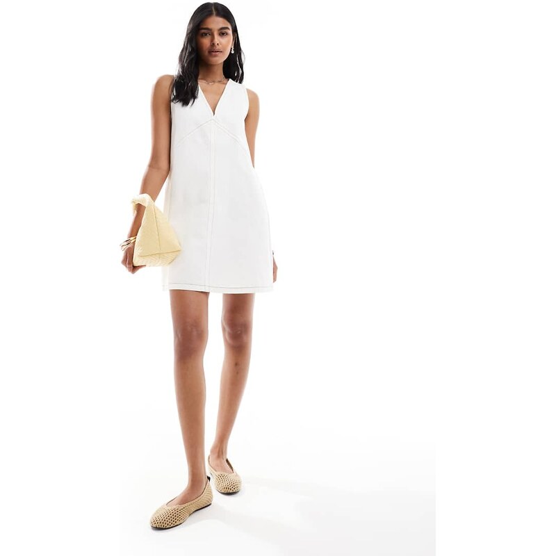 ASOS DESIGN denim a line swing mini dress in ecru-White