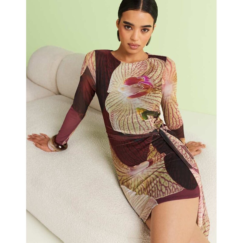 River Island asymmetric mesh tie side mini dress in burgundy-Red
