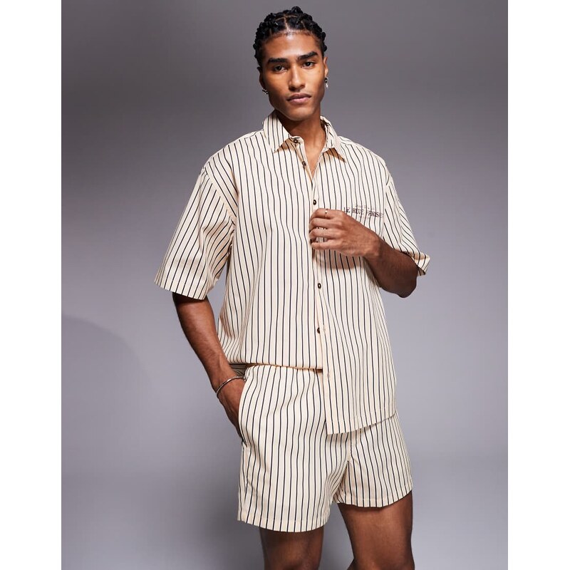 ASOS DESIGN co-ord stripe shorts in short length in beige and