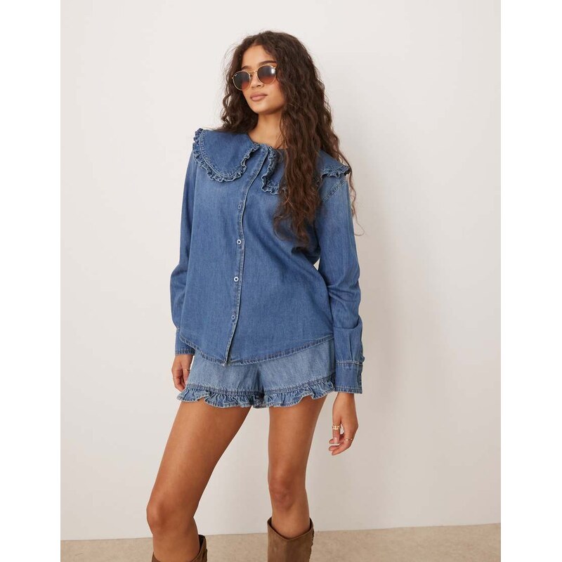 Glamorous ruffle collared button down denim shirt in blue
