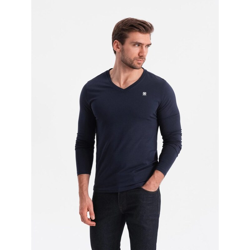 Ombre Clothing Tmavě modré tričko s dlouhým rukávem a výstřihem