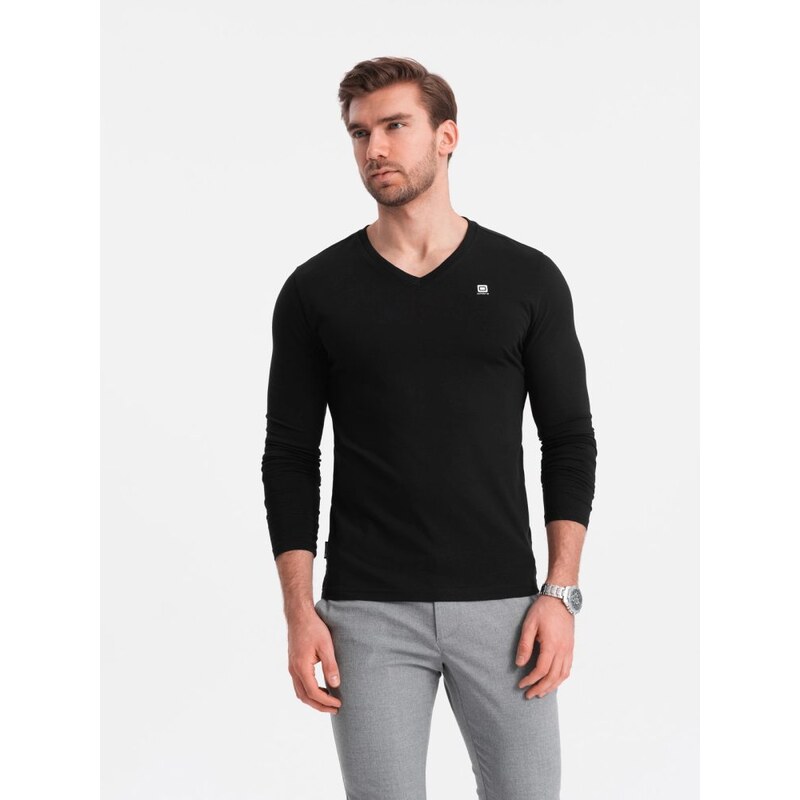 Ombre Clothing Černé tričko s dlouhým rukávem a výstřihem do V s