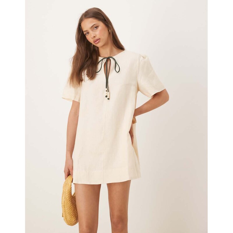 VRG GRL olsen puff sleeve tie-detail mini dress in cream-White 115566678