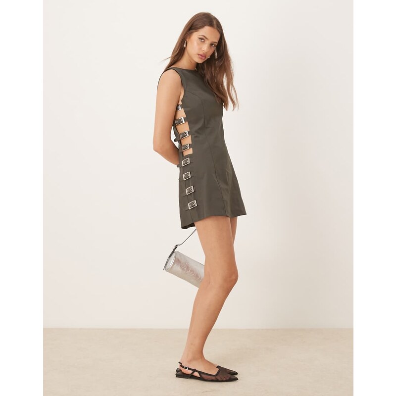 VRG GRL kenni buckle side linen mini dress in charcoal-Black 107216350