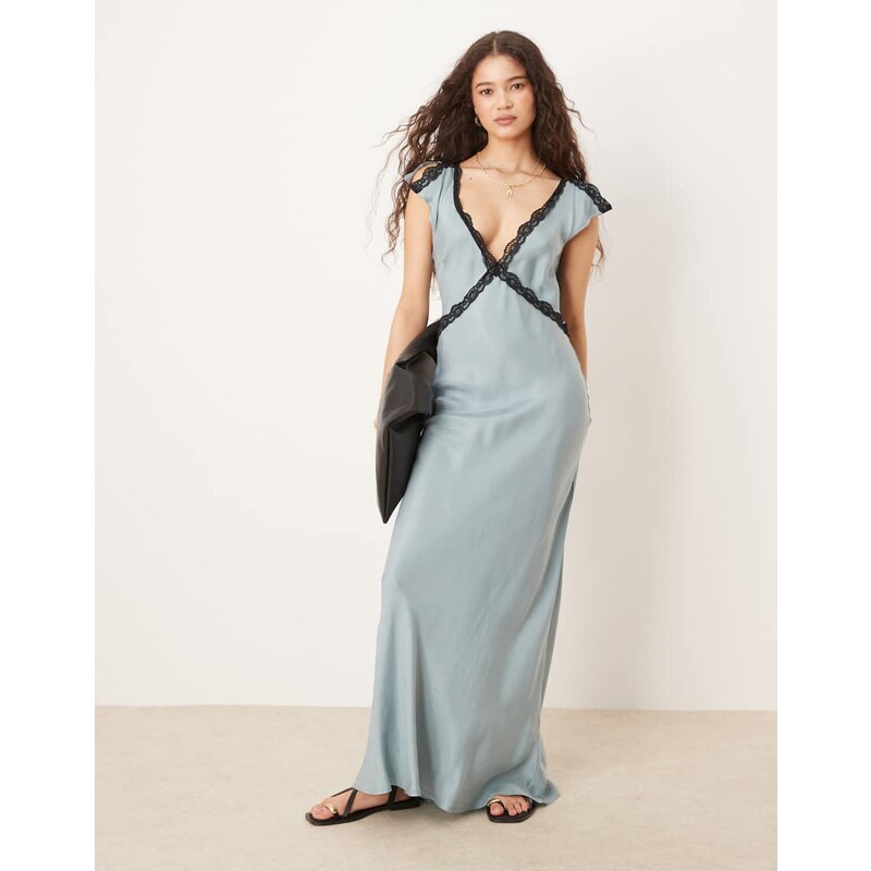 VRG GRL ivy bias cut lace edge maxi dress in steel blue