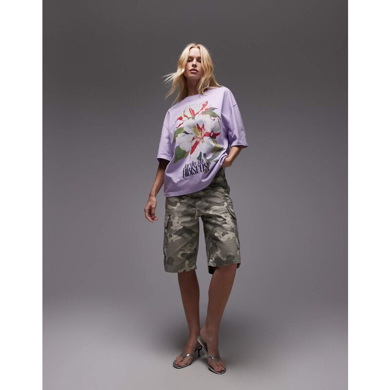 Topshop graphic hibiscus print oversized tee in lilac-Purple 107218385
