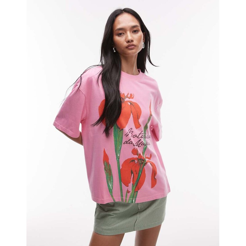 Topshop graphic floral print oversized tee in pink