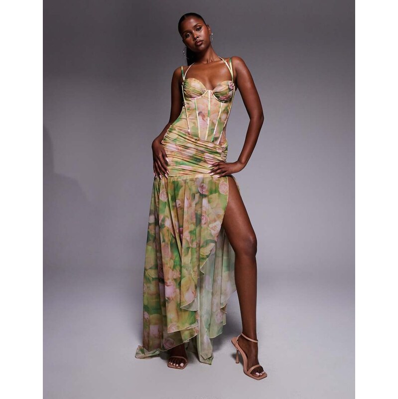 Oh Polly corset asymmetric maxi dress in floral print-Multi