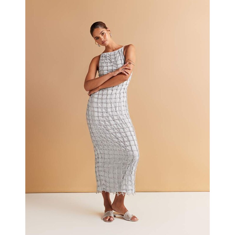 ASOS DESIGN macrame slash neck maxi dress in silver