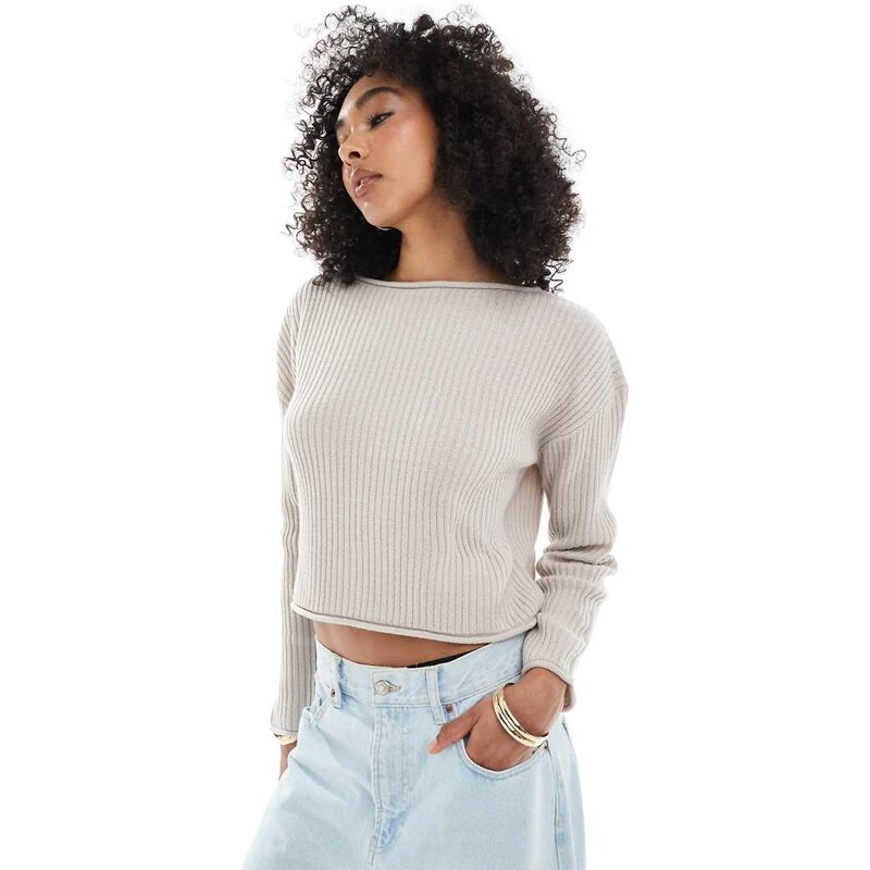 ASOS DESIGN crew neck boxy rib jumper with rolled edge in grey