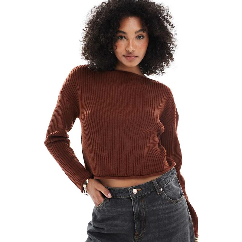 ASOS DESIGN crew neck boxy rib jumper with rolled edge in rust-Auburn 107218247