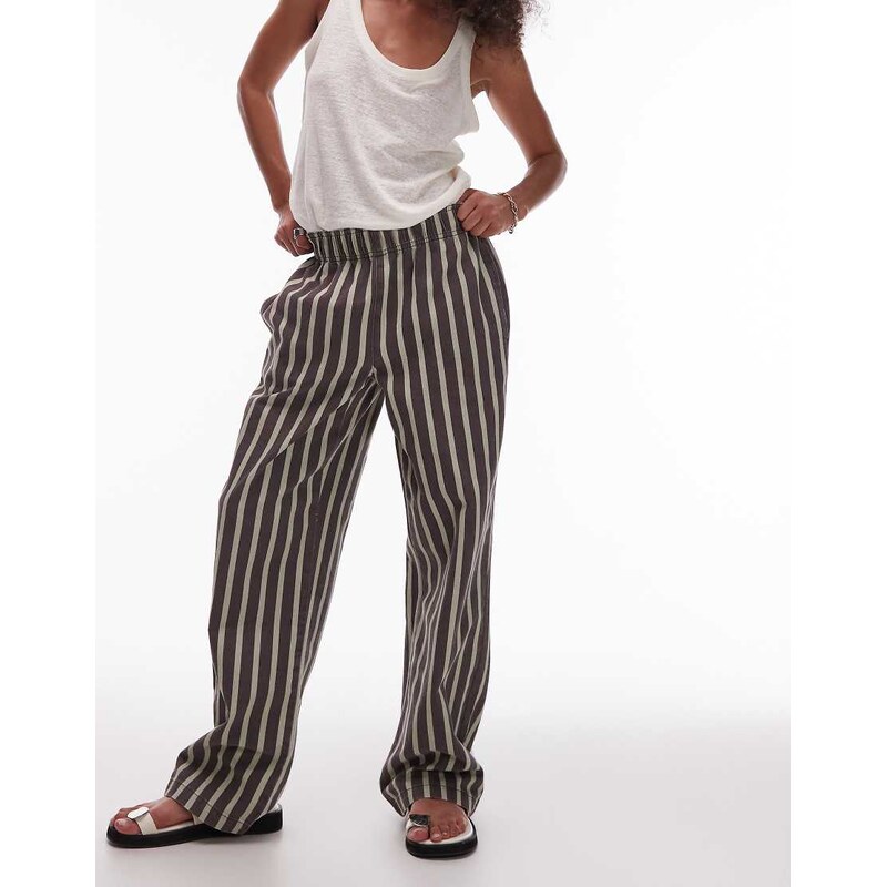 Topshop wide stripe pull on straight leg trouser in green and