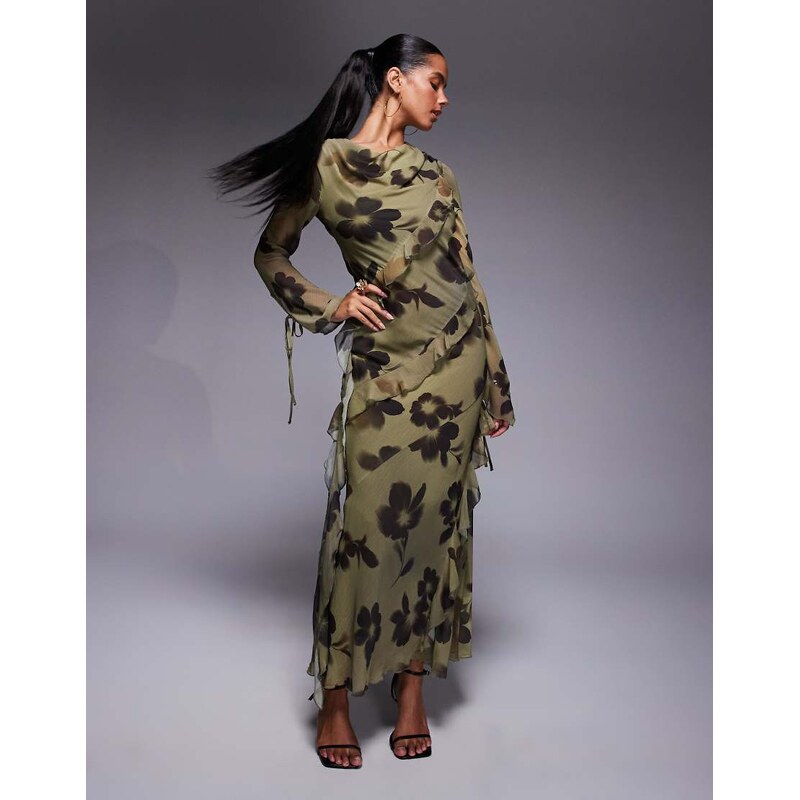 Daska chiffon maxi dress with frill details in abstract print-Multi 114897074