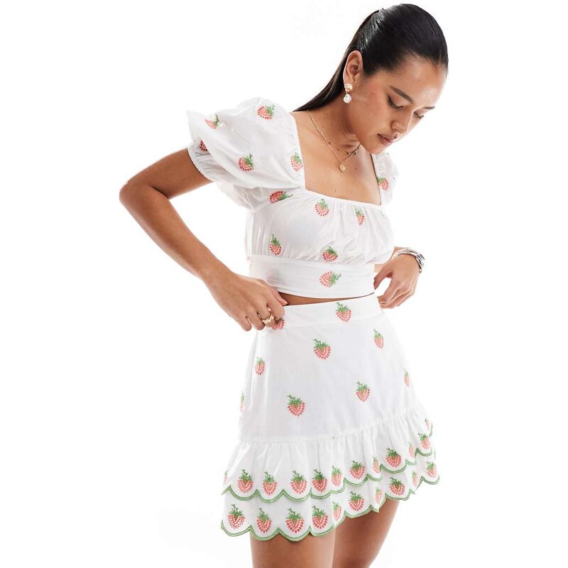 New Look co-ord strawberry embroidered mini skirt in white