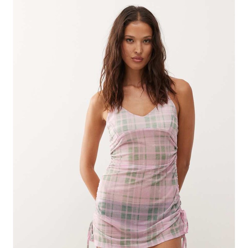 COLLUSION check print mesh cami dress in pink-Multi 107218357