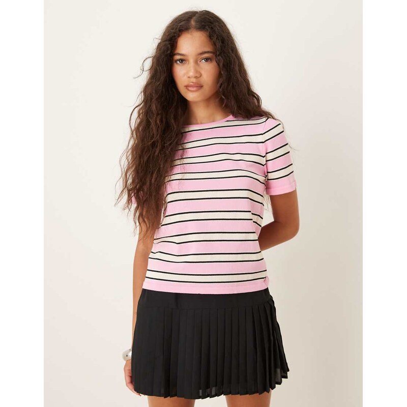 Mango round neck slim fit striped top in pastel pink