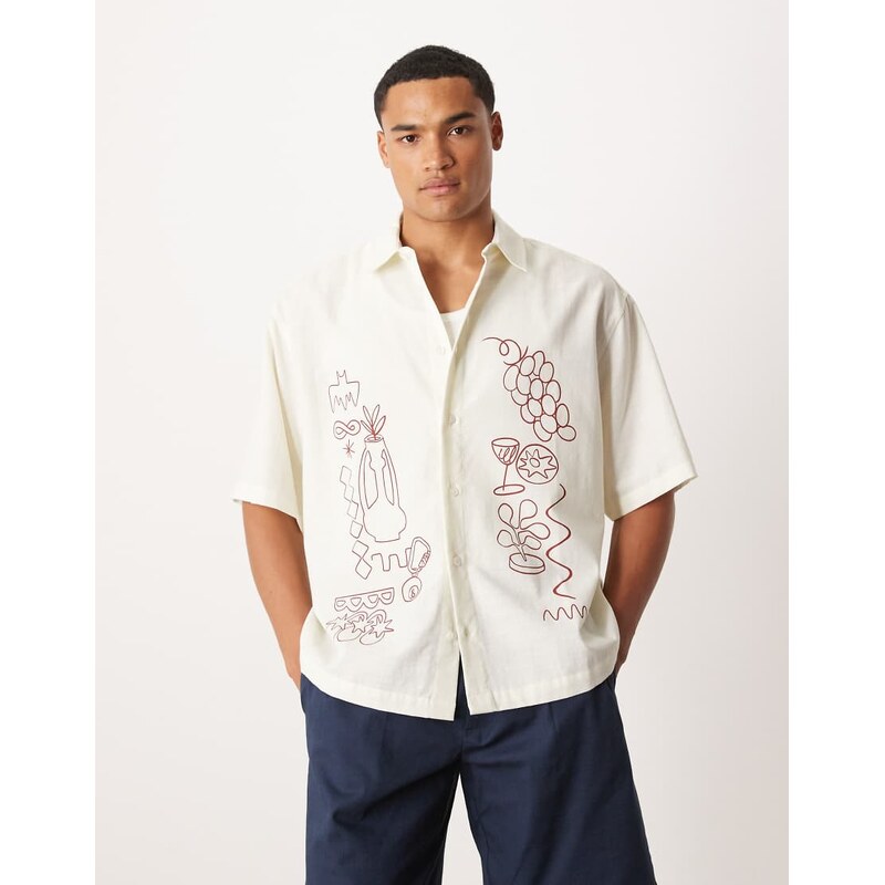 ASOS DESIGN boxy oversized shirt with placement print in beige