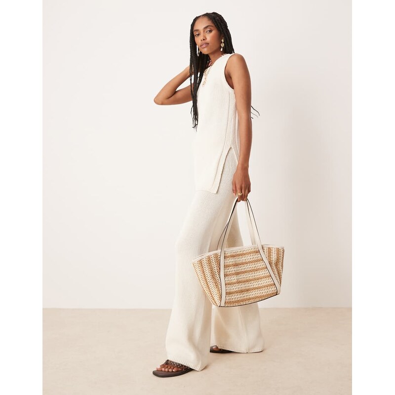 ASOS DESIGN co-ord heavyweight clean knit wide leg trousers in stone 115708609